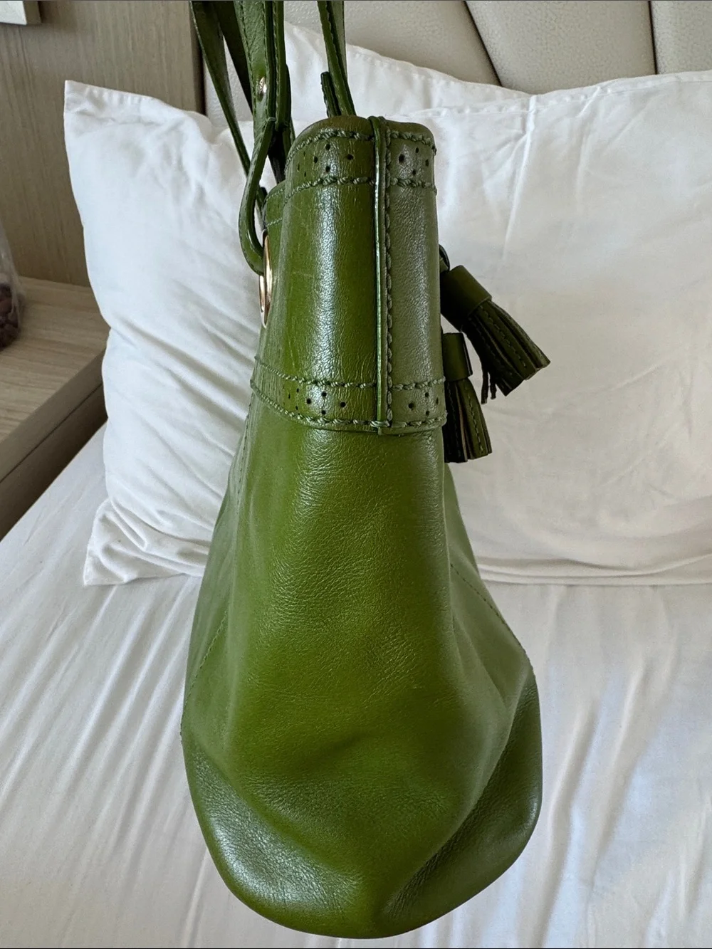 kate spade green leather tote shoulder bag purse with tassle